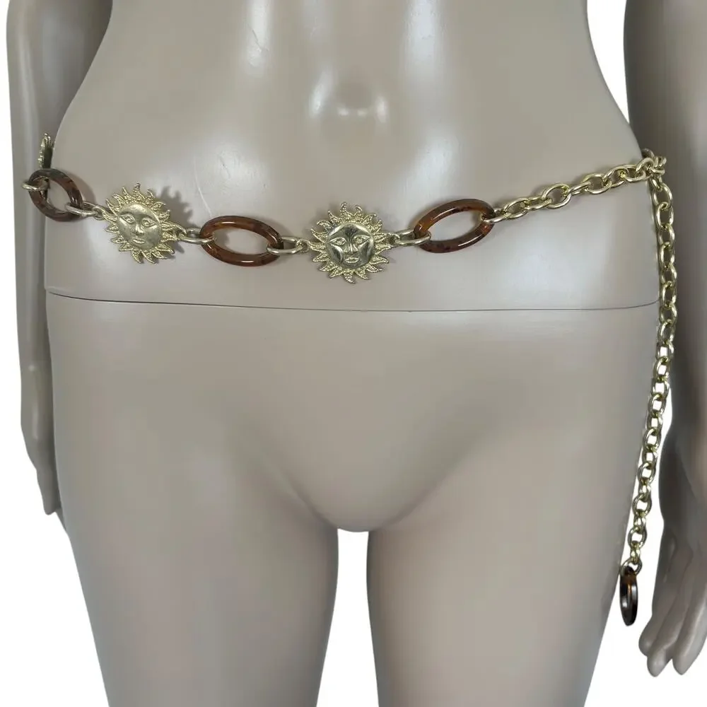 Vintage Sun Face Chain Belt Tortoise Lucite Gold Tone Celestial Boho Y2K Rave